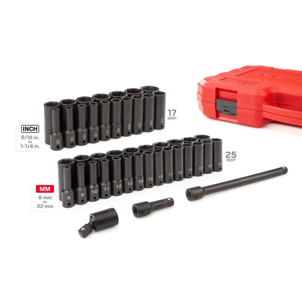 TEKTON 1/2 in. Drive Deep 6-Point Impact Socket Set, 45-Piece (5/16 - 1-1/4 in., 8 mm - 32 mm) 5 TEKTON 1/2 in. Drive Deep 6-Point Impact Socket Set, 45-Piece (5/16 - 1-1/4 in., 8 mm - 32 mm) - Image 5